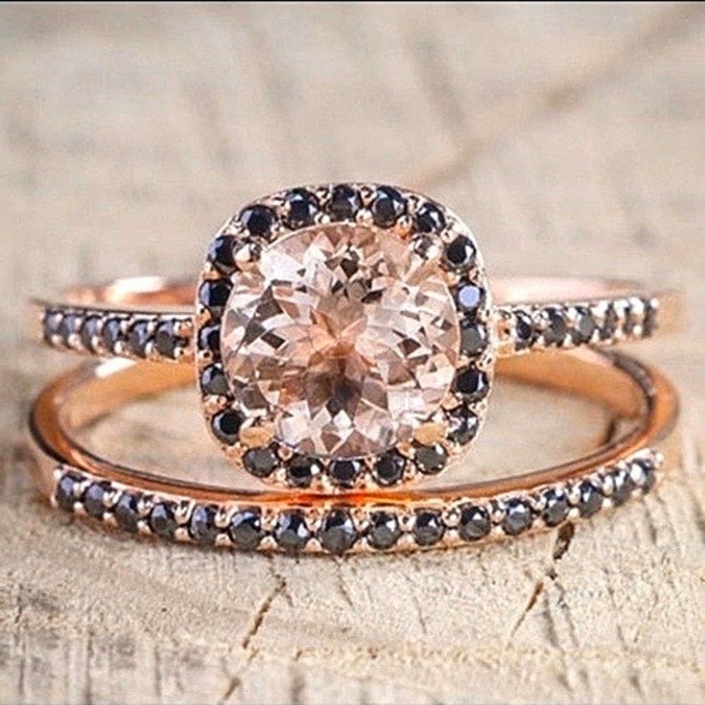 New Gorgeous Morganite & Black Sapphire Ring Set - Picture 2 of 5